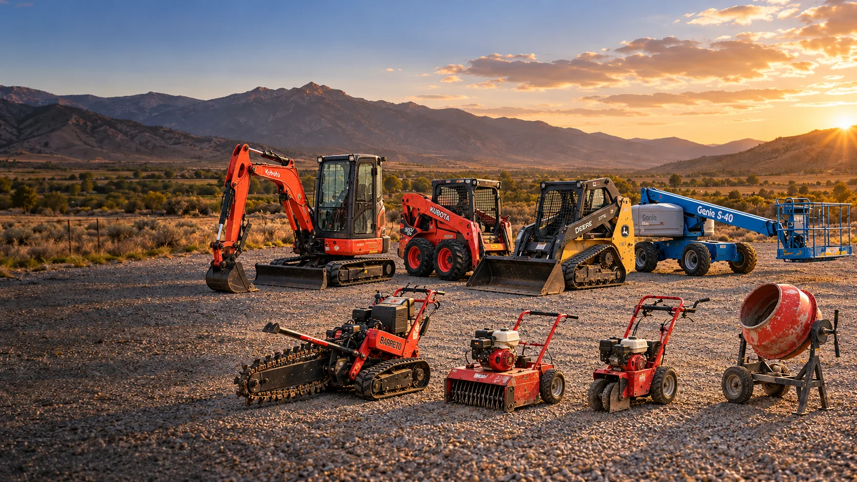 Illustrative lineup based on 5 Star Rental equipment photos: orange mini excavator and skid steer, yellow track loader, blue man lift, trencher, lawn tools, and cement mixer